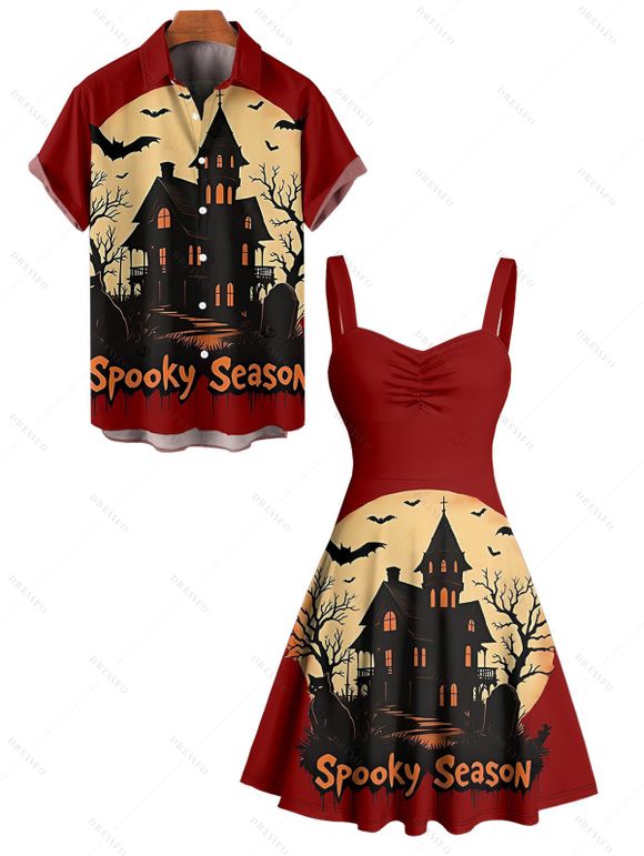Halloween Couple Outfit Colorblock Bat Letter Print Mini Dress and Shirt Set - Rouge Vineux S | US 4