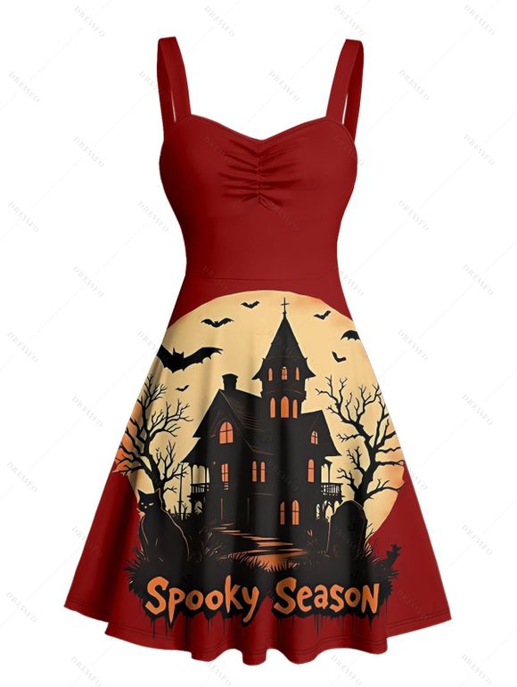 Halloween Couple Outfit Colorblock Bat Letter Print Mini Dress and Shirt Set - Rouge Vineux S | US 4