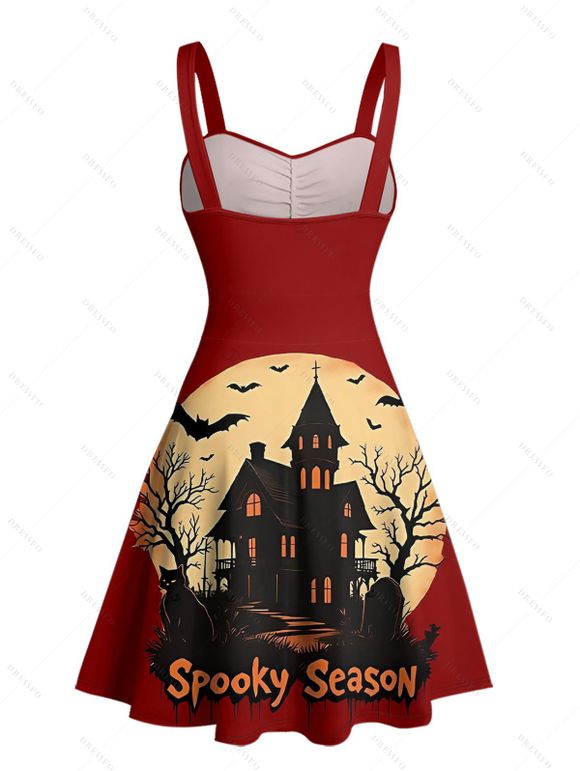 Robe d'Halloween à imprimé chauve-souris et mini-robe froncée - Rouge Vineux XL | US 12