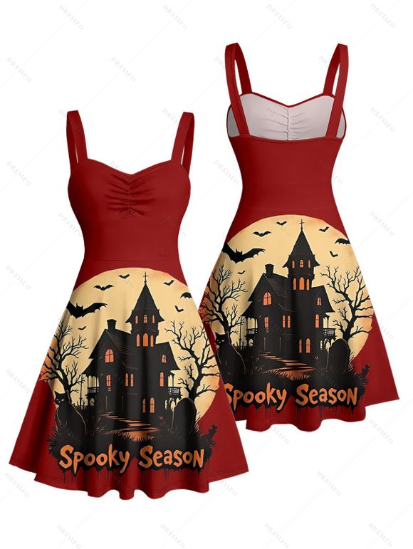 Robe d'Halloween à imprimé chauve-souris et mini-robe froncée - Rouge Vineux XL | US 12