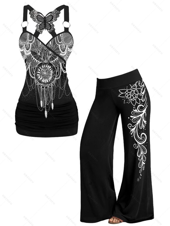 Women Outfit Geometric Print Butterfly Lace Tank Top and Wide Leg Pants Set - Noir S | US 4