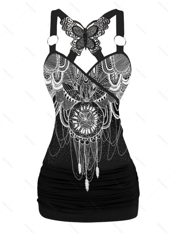 Women Outfit Geometric Print Butterfly Lace Tank Top and Wide Leg Pants Set - Noir S | US 4