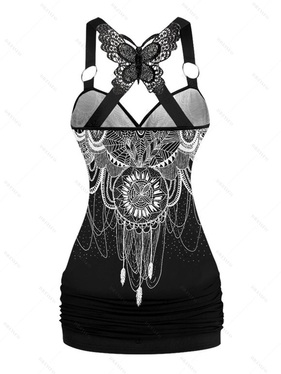 Women Outfit Geometric Print Butterfly Lace Tank Top and Wide Leg Pants Set - Noir S | US 4