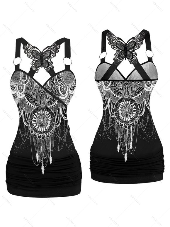 Women Outfit Geometric Print Butterfly Lace Tank Top and Wide Leg Pants Set - Noir S | US 4