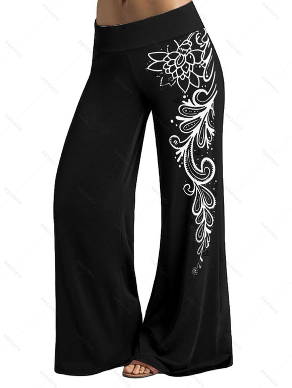 Women Outfit Geometric Print Butterfly Lace Tank Top and Wide Leg Pants Set - Noir S | US 4