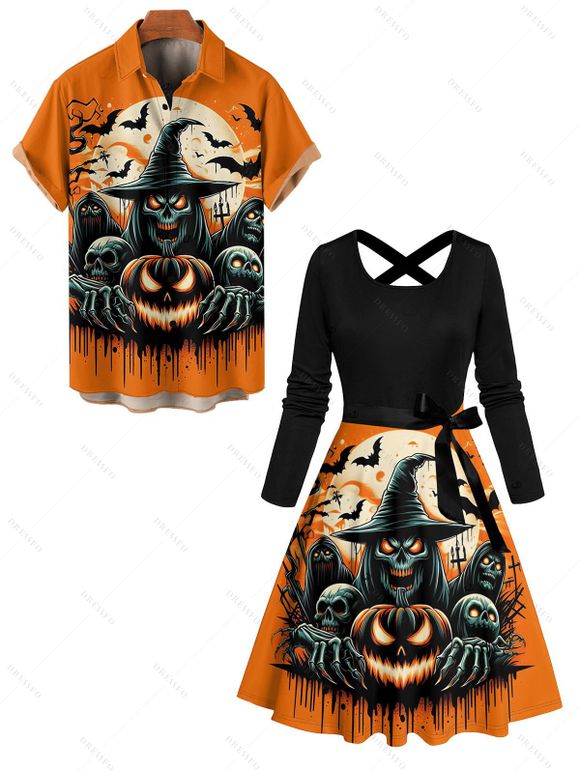 Halloween Couple Outfit Pumpkin Ghost Bat Print Belt Dress and Shirt Set - Orange S | US 4