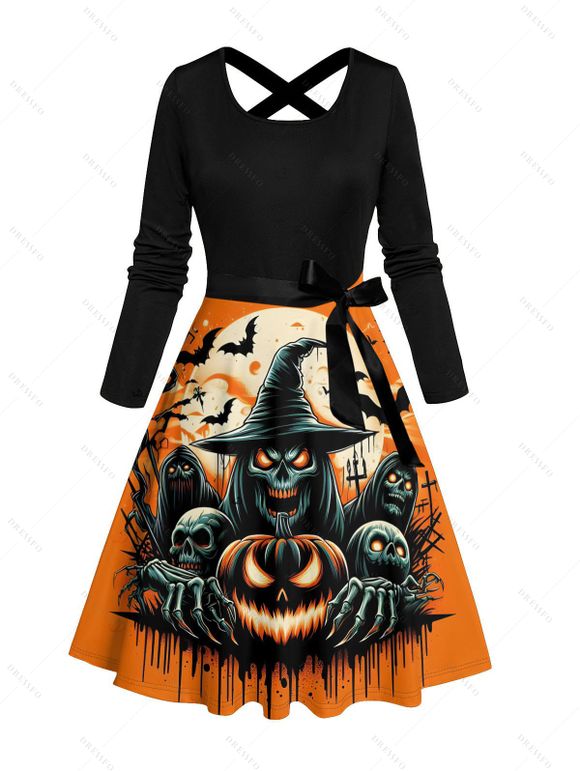 Halloween Couple Outfit Pumpkin Ghost Bat Print Belt Dress and Shirt Set - Orange S | US 4