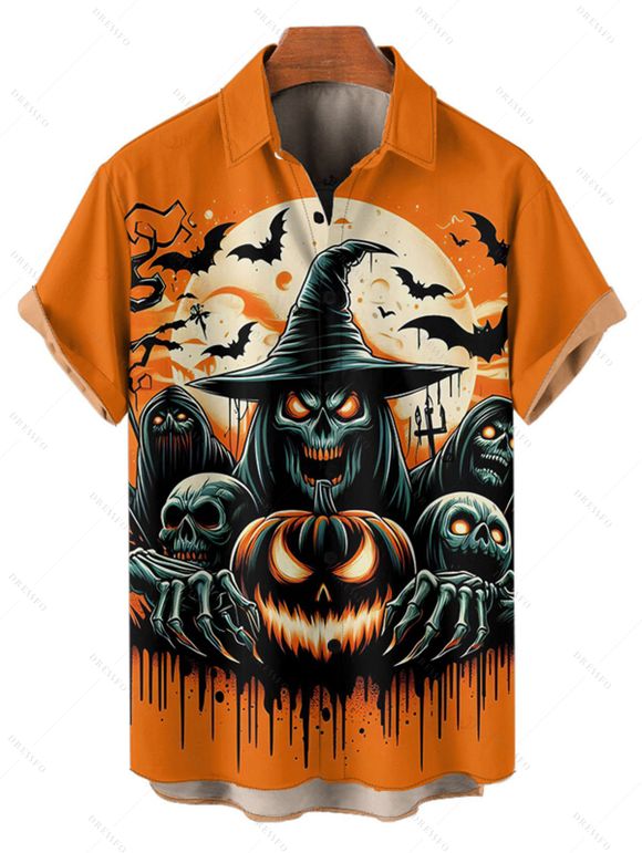 Halloween Couple Outfit Pumpkin Ghost Bat Print Belt Dress and Shirt Set - Orange S | US 4