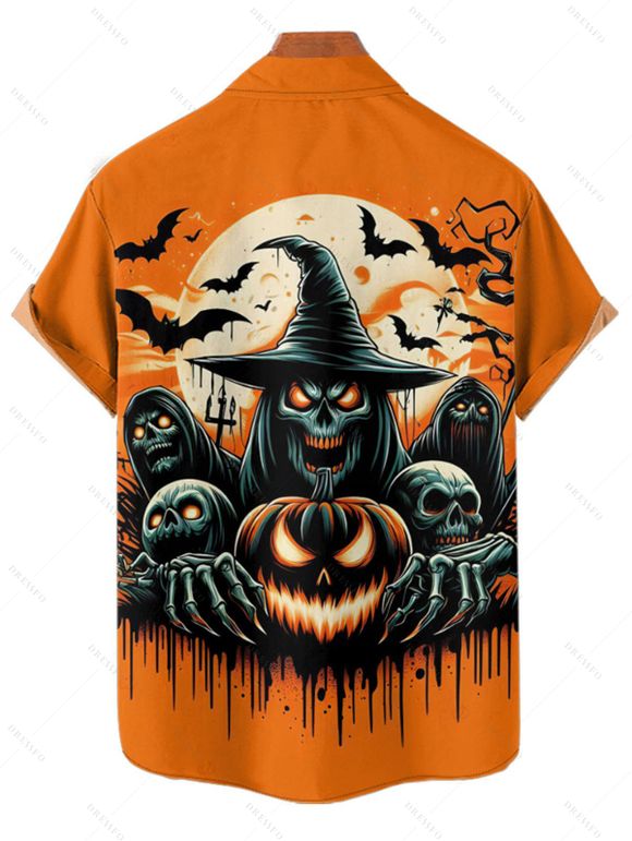 Halloween Couple Outfit Pumpkin Ghost Bat Print Belt Dress and Shirt Set - Orange S | US 4