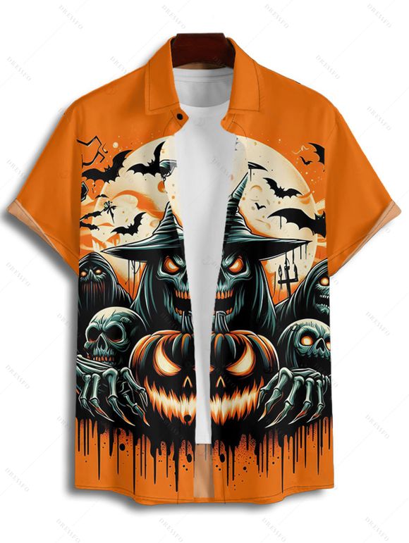 Halloween Couple Outfit Pumpkin Ghost Bat Print Belt Dress and Shirt Set - Orange S | US 4