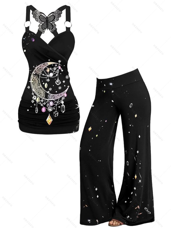 Women Outfit Moon Gem Printed Butterfly Lace Tank Top and Wide Leg Pants Set - Noir S | US 4