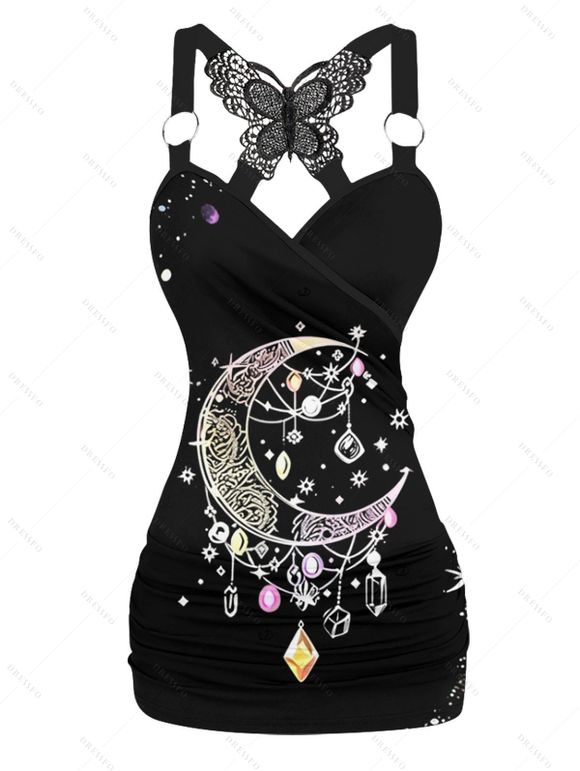 Women Outfit Moon Gem Printed Butterfly Lace Tank Top and Wide Leg Pants Set - Noir S | US 4