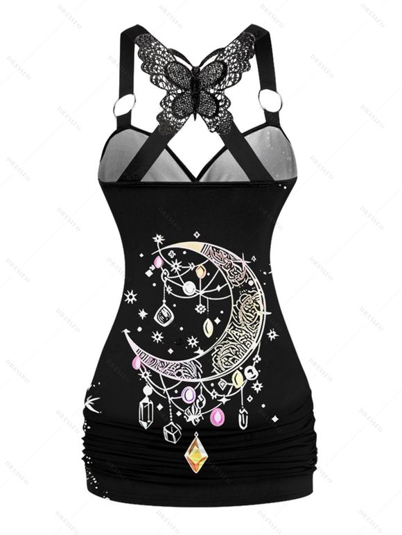 Women Outfit Moon Gem Printed Butterfly Lace Tank Top and Wide Leg Pants Set - Noir S | US 4