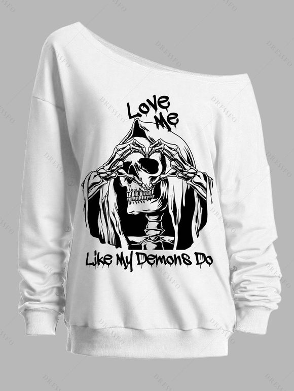 Sweat-shirt gothique pour Halloween, imprimé squelette, tête de mort, col incliné - Blanc S | US 4