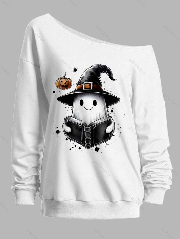 Sweat-shirt d'Halloween à col incliné, imprimé fantôme et citrouille, avec livre - Blanc M | US 6