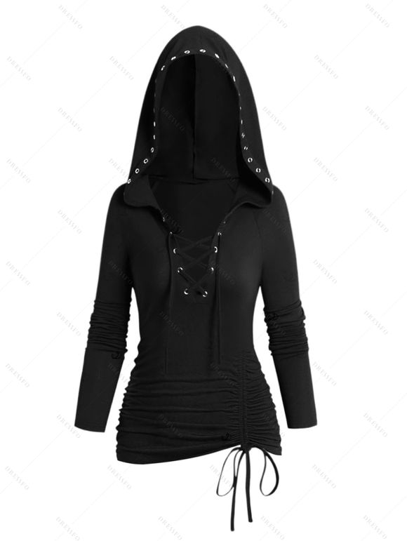 Sweat à capuche à lacets de couleur unie, haut à manches longues et œillets cintré - Noir XL | US 12