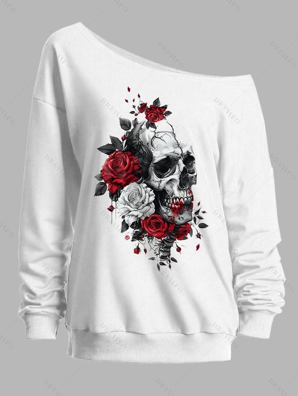 Sweat-shirt gothique pour Halloween, imprimé tête de mort et rose, col incliné - Blanc S | US 4