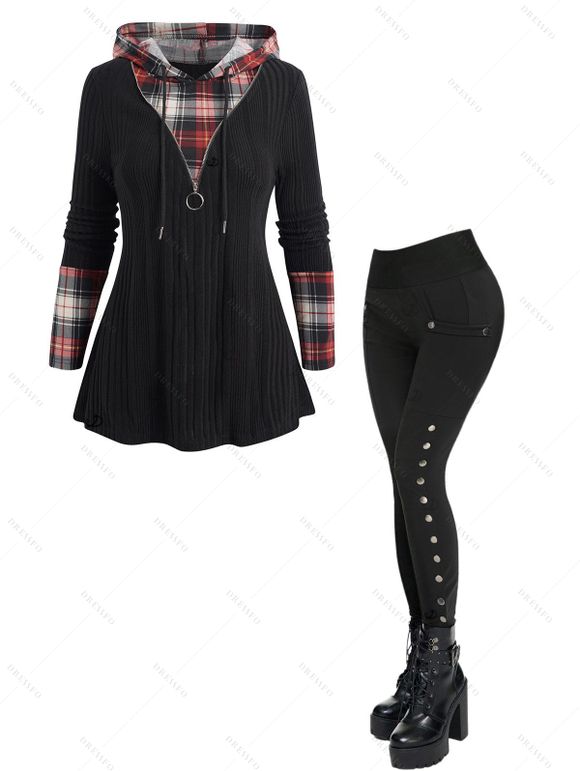 Women Outfit Plaid Panel Textured Knit Hooded Top and Snap Button Pants Set - Noir S | US 4