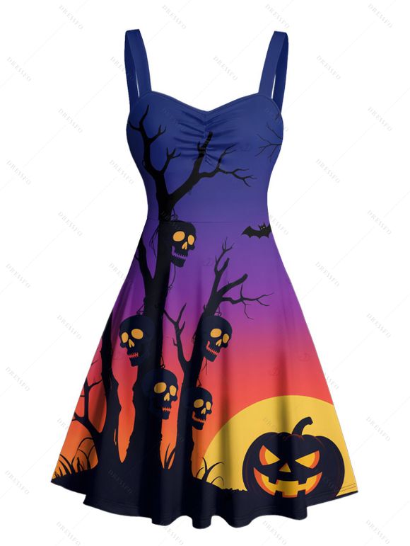 Robe d'Halloween mini-robe froncée à imprimé branches de citrouille - Bleu profond XL | US 12