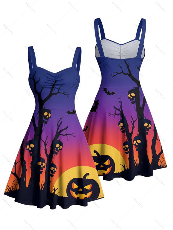 Robe d'Halloween mini-robe froncée à imprimé branches de citrouille - Bleu profond XL | US 12
