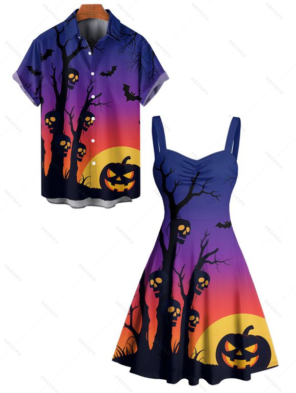 Halloween Outfit Pumpkin Tree Branches Print Mini Dress and Shirt Set - Bleu profond S | US 4