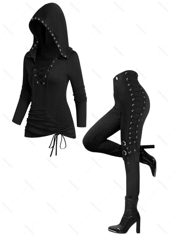 Women Outfit Lace Up Cinched Hoodie Top and Grommet Pants Set - Noir S | US 4