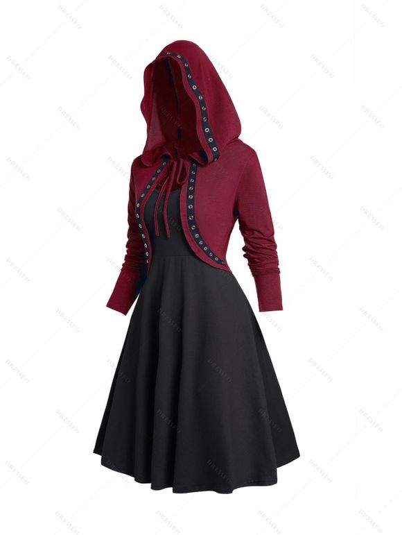 Ensemble haut à capuche gothique à œillets et robe caraco trapèze sans manches de couleur unie - Noir XXL