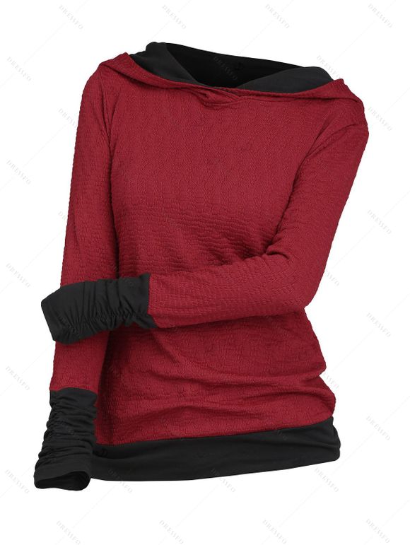 Haut à capuche colorblock, haut texturé à manches longues avec capuche - Rouge Vineux XL | US 12