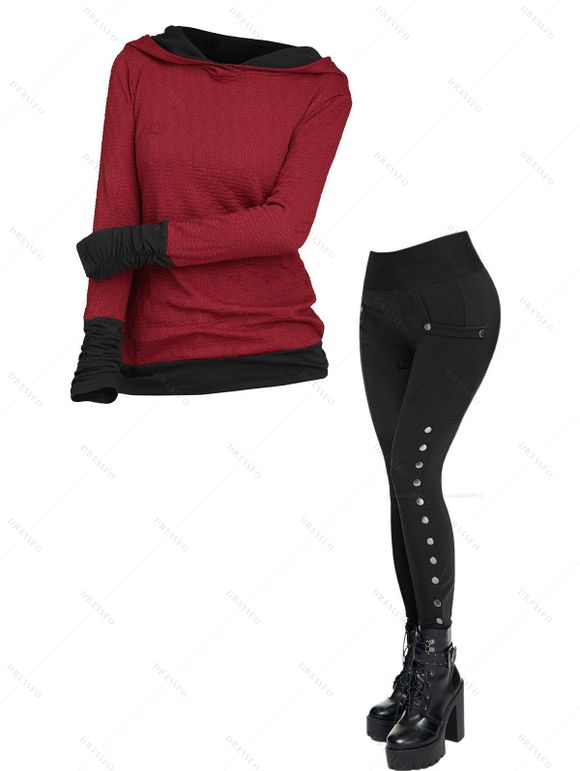 Women Outfit Colorblock Textured Hoodie Top and Snap Button Pants Set - Rouge Vineux S | US 4