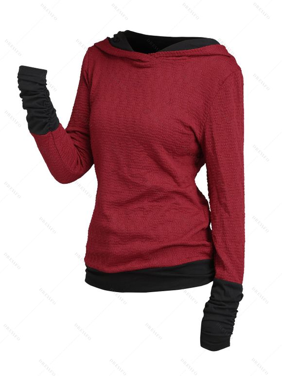 Women Outfit Colorblock Textured Hoodie Top and Snap Button Leggings Set - Rouge Vineux S | US 4