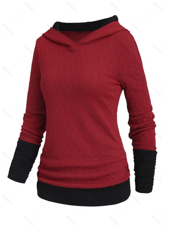 Women Outfit Colorblock Textured Hoodie Top and Snap Button Leggings Set - Rouge Vineux S | US 4