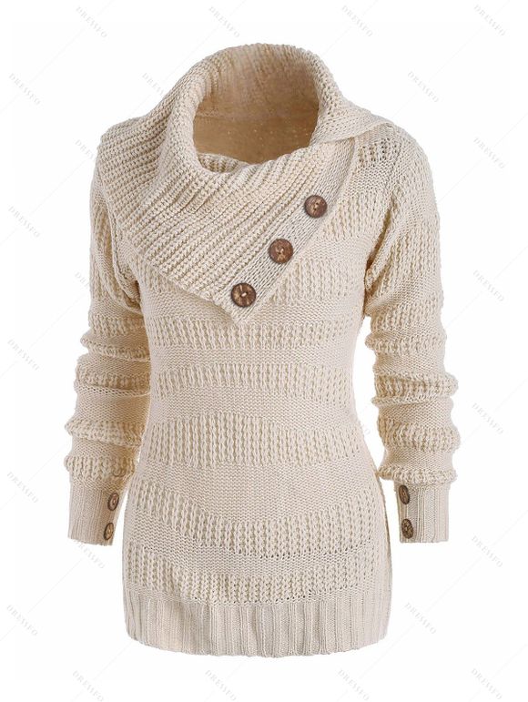 Pull texturé de couleur unie, haut à manches longues replié avec boutons factices - Beige XL | US 12