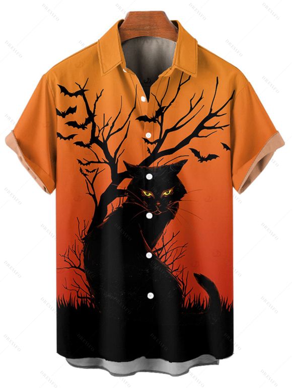 Chemise d'Halloween pour homme, imprimé branches d'arbre à chat noir, boutonnée - Orange XL