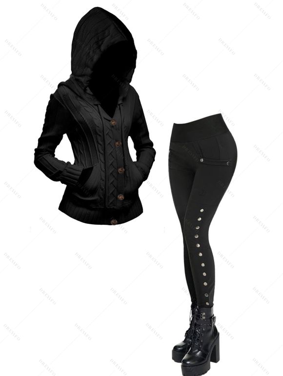 Women Outfit Cable Knit Hooded Cardigan and Snap Button Pants Set - Noir S | US 4