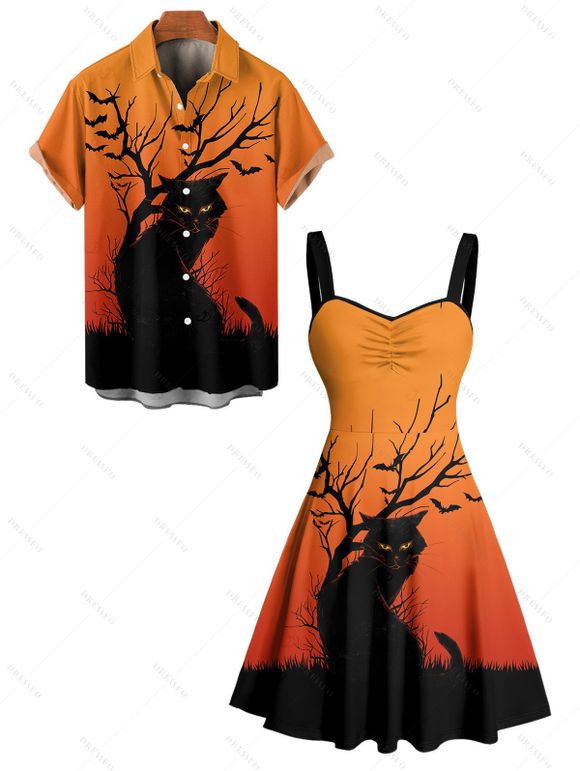 Halloween Couple Outfit Black Cat Tree Branches Print Mini Dress and Shirt Set - Orange S | US 4