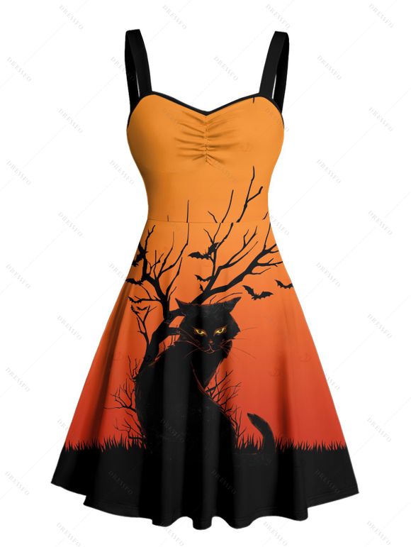 Halloween Couple Outfit Black Cat Tree Branches Print Mini Dress and Shirt Set - Orange S | US 4