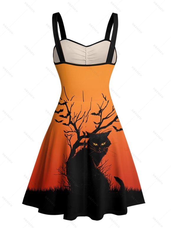 Halloween Couple Outfit Black Cat Tree Branches Print Mini Dress and Shirt Set - Orange S | US 4