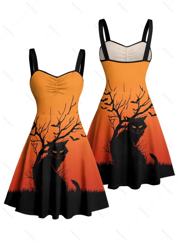 Halloween Couple Outfit Black Cat Tree Branches Print Mini Dress and Shirt Set - Orange S | US 4
