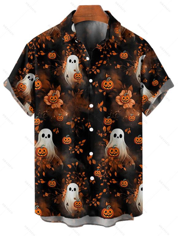 Chemise d'Halloween pour homme, imprimé fantôme et citrouille, boutonnée - Noir 5XL