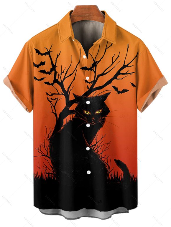 Halloween Couple Outfit Black Cat Tree Branches Print Mini Dress and Shirt Set - Orange S | US 4