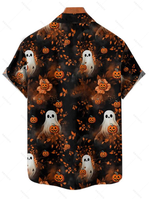 Chemise d'Halloween pour homme, imprimé fantôme et citrouille, boutonnée - Noir 5XL