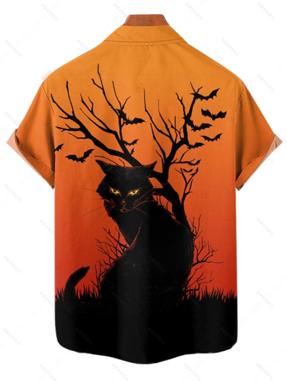 Halloween Couple Outfit Black Cat Tree Branches Print Mini Dress and Shirt Set - Orange S | US 4