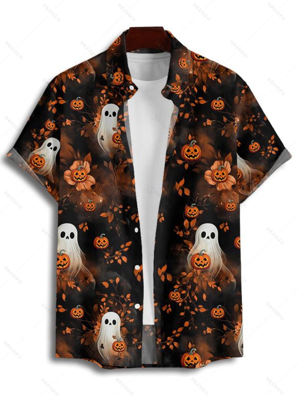 Chemise d'Halloween pour homme, imprimé fantôme et citrouille, boutonnée - Noir 5XL