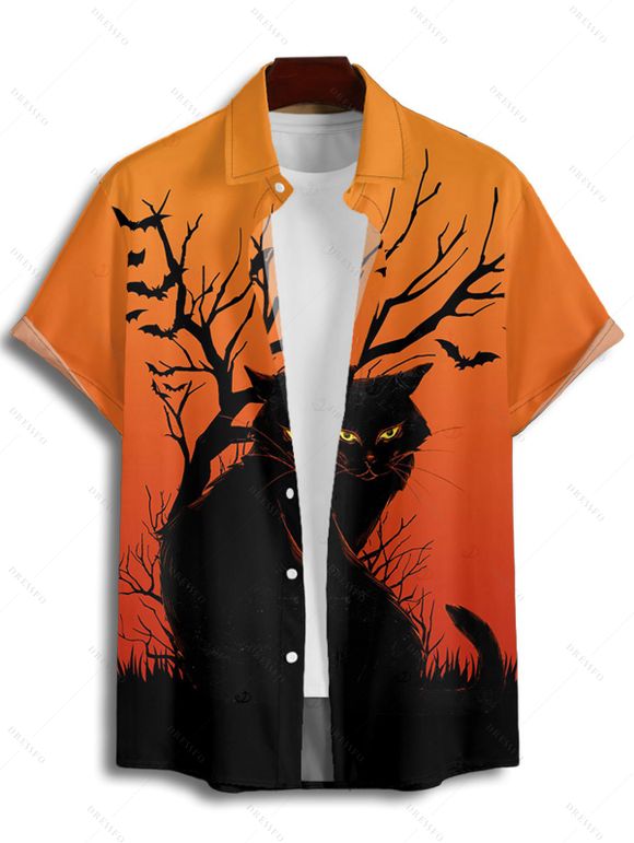 Halloween Couple Outfit Black Cat Tree Branches Print Mini Dress and Shirt Set - Orange S | US 4