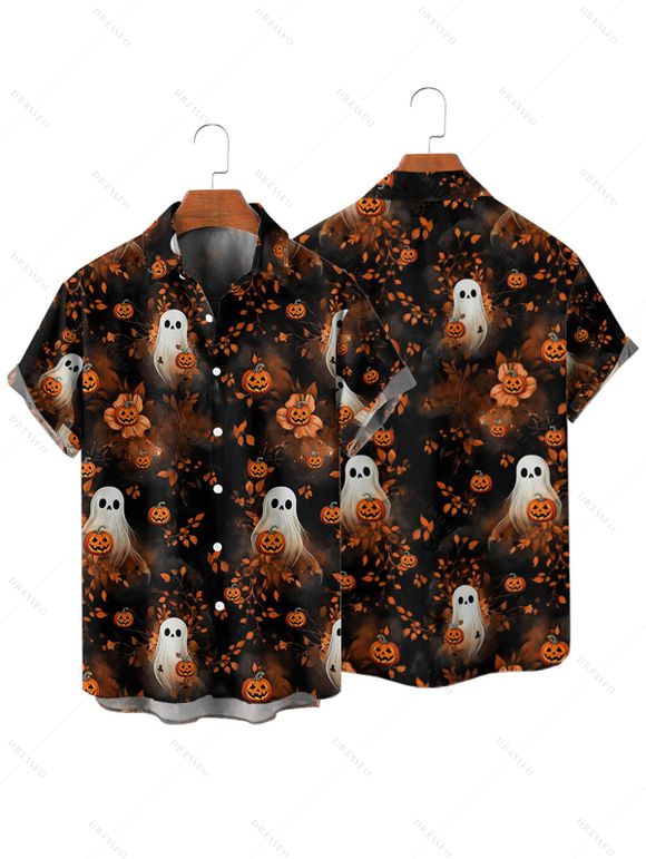 Chemise d'Halloween pour homme, imprimé fantôme et citrouille, boutonnée - Noir 5XL