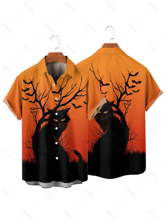 Halloween Couple Outfit Black Cat Tree Branches Print Mini Dress and Shirt Set - Orange S | US 4