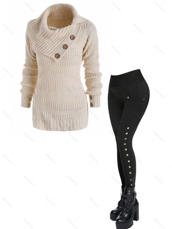 Women Outfit Solid Color Textured Sweater and Snap Button Pants Set - Beige S | US 4