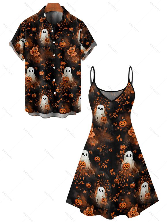 Halloween Couple Outfit Ghost with Pumpkin Print Dress and Shirt Set - Noir S | US 4
