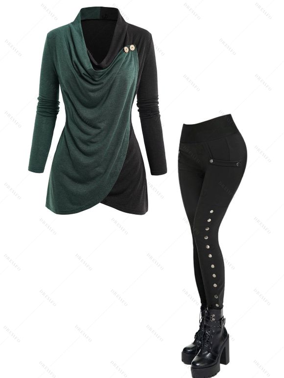 Women Outfit Contrast Color Wrap Blouse and Snap Button Pants Set - Vert profond S | US 4