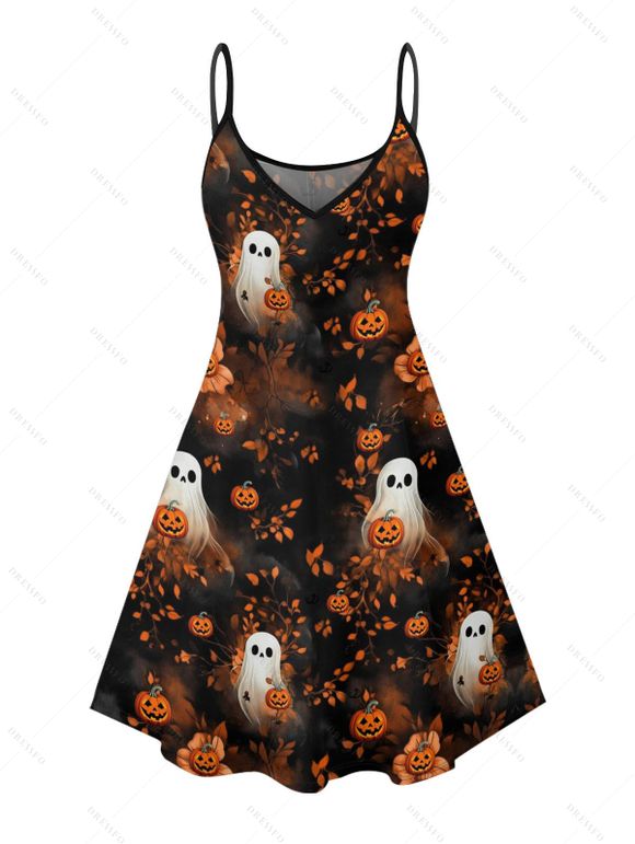 Halloween Couple Outfit Ghost with Pumpkin Print Dress and Shirt Set - Noir S | US 4
